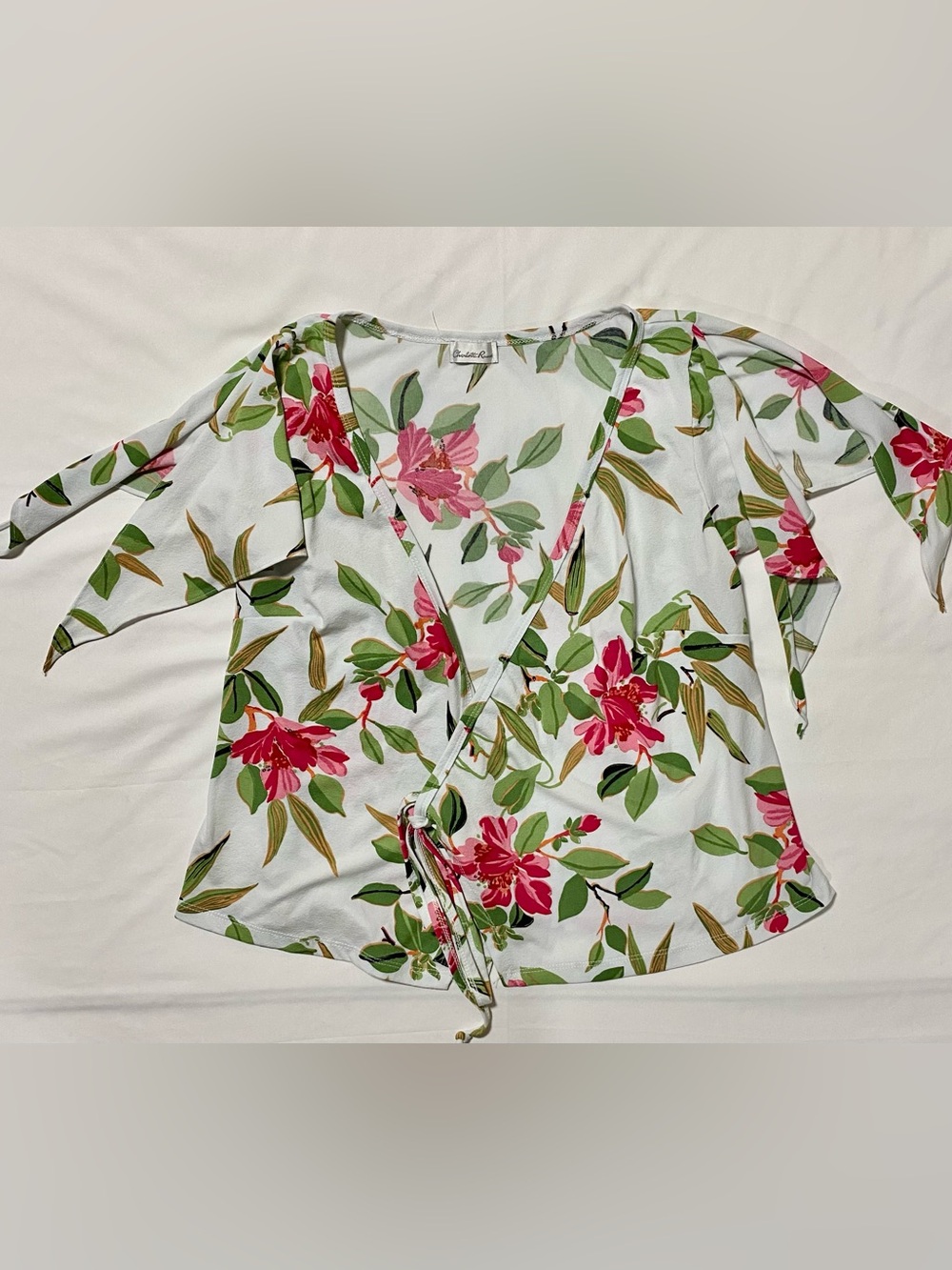 Charlotte Russe White Floral Wrap Top with Pink & Green Blooms